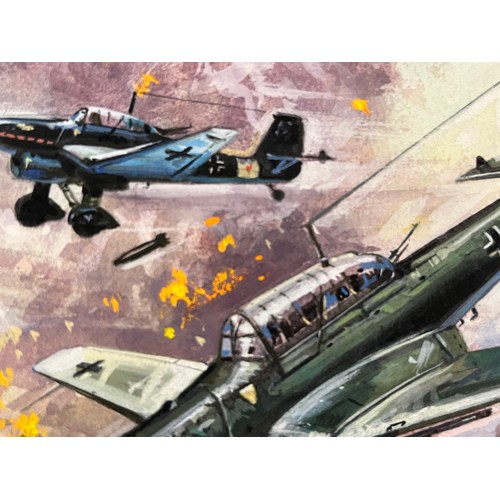 85 - Original book cover design for Once More the Hawks, a scene showing Stuka dive bombers supporting Ge... 