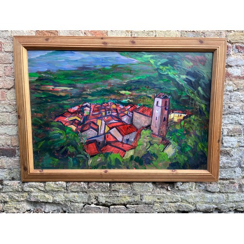 90 - Large contemporary impressionist painting oil on board, a strong image of a continental landscape.

... 