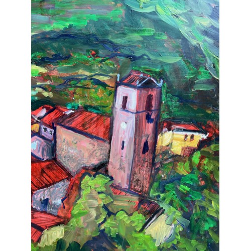 90 - Large contemporary impressionist painting oil on board, a strong image of a continental landscape.

... 