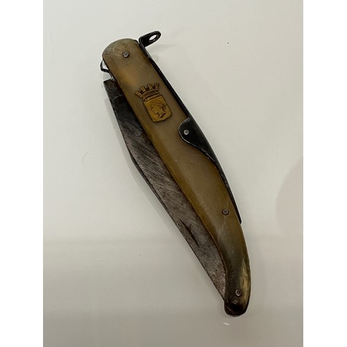 515 - Horn handled folding pocket knife marked for Corsica. 5 ½ inches long.

This lot is available for in... 