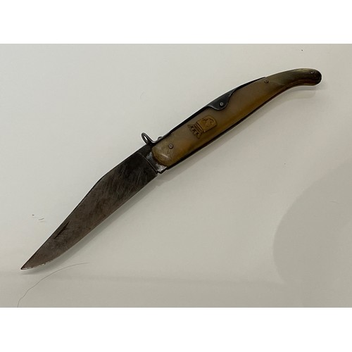 515 - Horn handled folding pocket knife marked for Corsica. 5 ½ inches long.

This lot is available for in... 