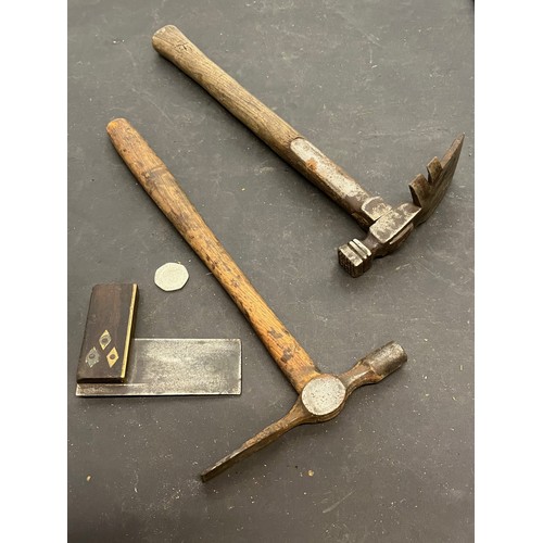 522 - Tools, from a large collection of wood working and engineering tools, two hammers and a square.

Thi... 