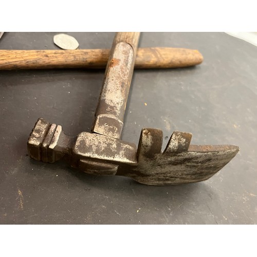 522 - Tools, from a large collection of wood working and engineering tools, two hammers and a square.

Thi... 