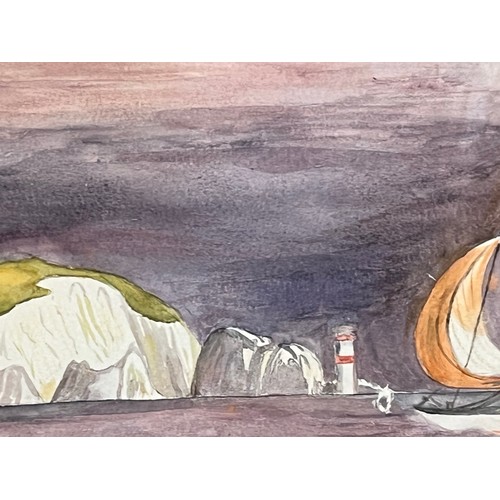 6 - Isle of Wight painting, a naive water colour of a nautical scene, an elegant yacht at speed against ... 