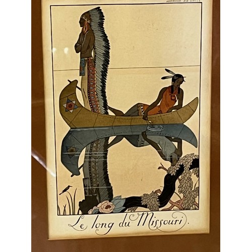 111 - Framed art deco fashion study of North American Indians by George Barbier dated for 1922. 40.5cm x 3... 