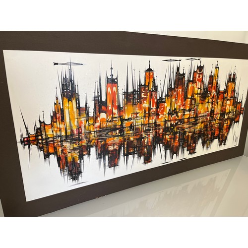 112 - A large mounted oil on board painting of a reflected modernist city scape by Maureen Clegg 1936 -201... 