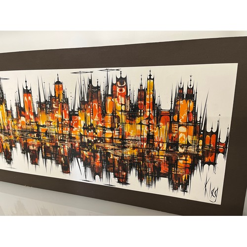 112 - A large mounted oil on board painting of a reflected modernist city scape by Maureen Clegg 1936 -201... 