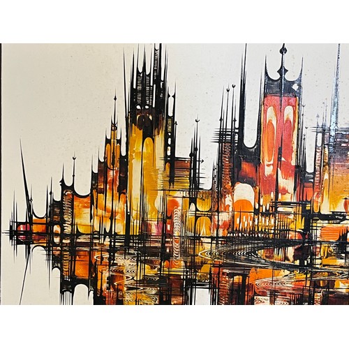 112 - A large mounted oil on board painting of a reflected modernist city scape by Maureen Clegg 1936 -201... 