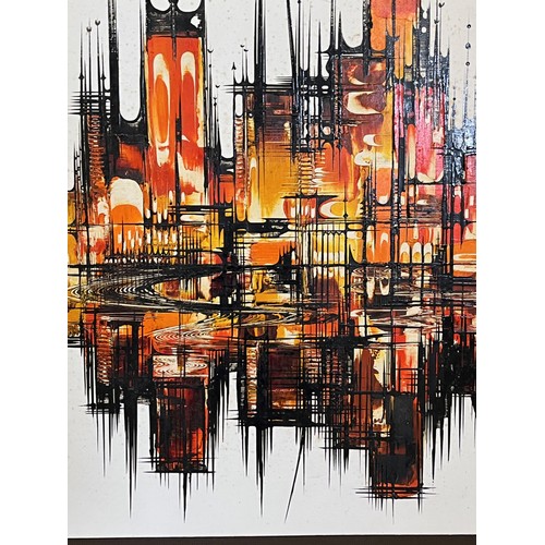 112 - A large mounted oil on board painting of a reflected modernist city scape by Maureen Clegg 1936 -201... 