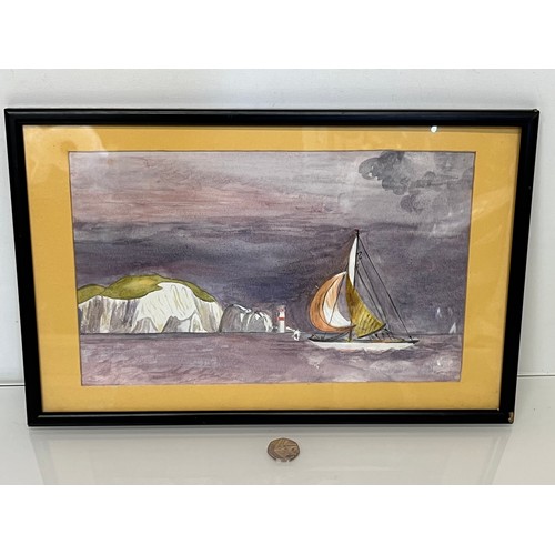 114 - Isle of Wight painting, a naive water colour of a nautical scene, an elegant yacht at speed against ... 