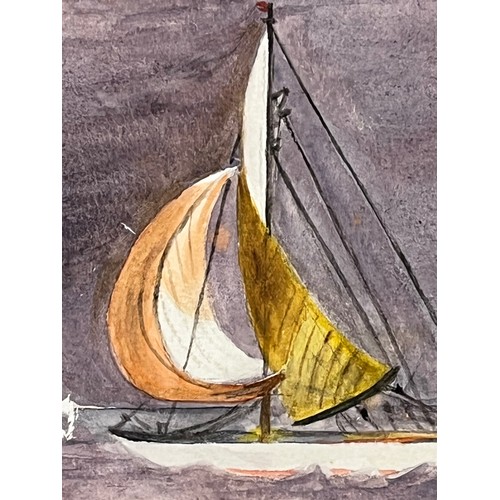 114 - Isle of Wight painting, a naive water colour of a nautical scene, an elegant yacht at speed against ... 