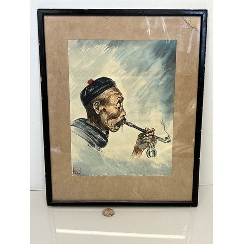 115 - Oriental pen and ink painting of a Chinese man smoking a Heroin Pipe. Impressed artists mark, 43 cm ... 