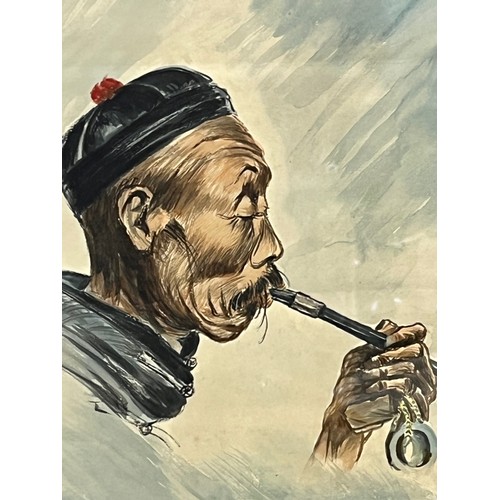 115 - Oriental pen and ink painting of a Chinese man smoking a Heroin Pipe. Impressed artists mark, 43 cm ... 