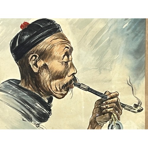 115 - Oriental pen and ink painting of a Chinese man smoking a Heroin Pipe. Impressed artists mark, 43 cm ... 