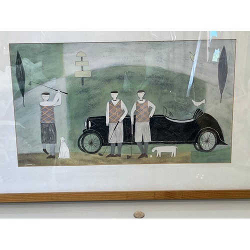 118 - Large framed picture of Golfers with dogs next to a 1920’s sports car. 74 cm x 50cm. 

This lot is c... 