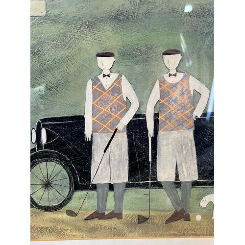 118 - Large framed picture of Golfers with dogs next to a 1920’s sports car. 74 cm x 50cm. 

This lot is c... 