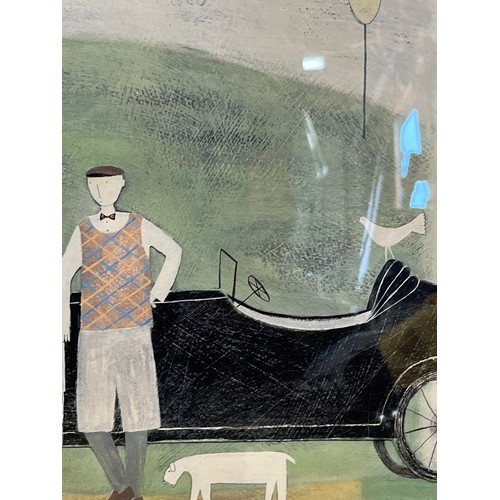 118 - Large framed picture of Golfers with dogs next to a 1920’s sports car. 74 cm x 50cm. 

This lot is c... 