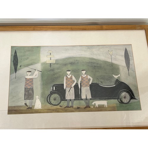 118 - Large framed picture of Golfers with dogs next to a 1920’s sports car. 74 cm x 50cm. 

This lot is c... 