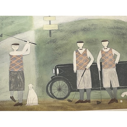 118 - Large framed picture of Golfers with dogs next to a 1920’s sports car. 74 cm x 50cm. 

This lot is c... 