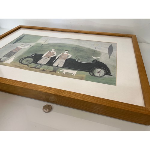 118 - Large framed picture of Golfers with dogs next to a 1920’s sports car. 74 cm x 50cm. 

This lot is c... 