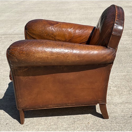 214 - Art deco brown leather armchair, 78 cm wide x 80 cm deep x 74 cm high, seat is 55 cm deep.

This lot... 