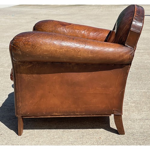 214 - Art deco brown leather armchair, 78 cm wide x 80 cm deep x 74 cm high, seat is 55 cm deep.

This lot... 