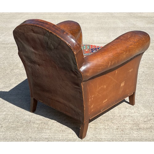 214 - Art deco brown leather armchair, 78 cm wide x 80 cm deep x 74 cm high, seat is 55 cm deep.

This lot... 