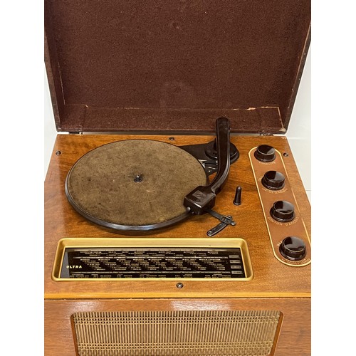 215 - Vintage Art Deco music centre by Ultra, record deck, speaker and tuner in a wooden case. 47 cm x 41 ... 