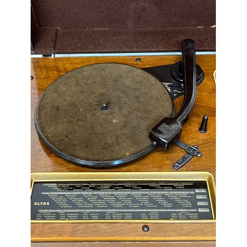 215 - Vintage Art Deco music centre by Ultra, record deck, speaker and tuner in a wooden case. 47 cm x 41 ... 