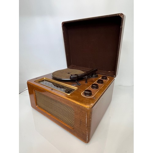 215 - Vintage Art Deco music centre by Ultra, record deck, speaker and tuner in a wooden case. 47 cm x 41 ... 