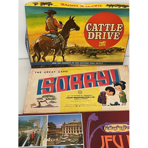 382 - Three vintage board games, US western themed, Cattle Drive, Sorry and Jeu de Paris.

This lot is ava... 