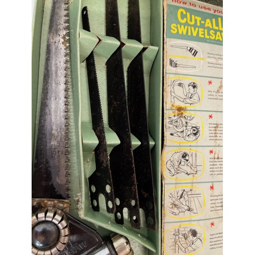 200 - Vintage carpenters tools, a boxed Cut All Swivel Saw.

This lot is available for in-house shipping