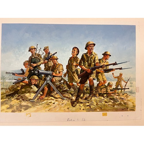 124 - Matchbox model kit original artwork, painting WWII British 8th Army soldiers box cover artwork showi... 