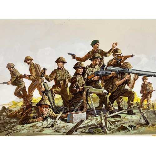 125 - Matchbox model kit original artwork, painting WWII British Infantry soldiers, showing uniforms and w... 