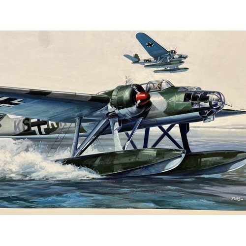 129 - Matchbox model kit original artwork, German Navy aircraft, a painting of a WWII Heinkel 115, box cov... 