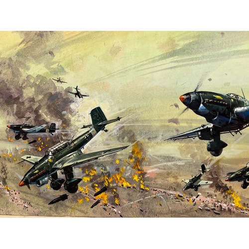 134 - Original book cover design for Once More the Hawks, a scene showing Stuka dive bombers supporting Ge... 