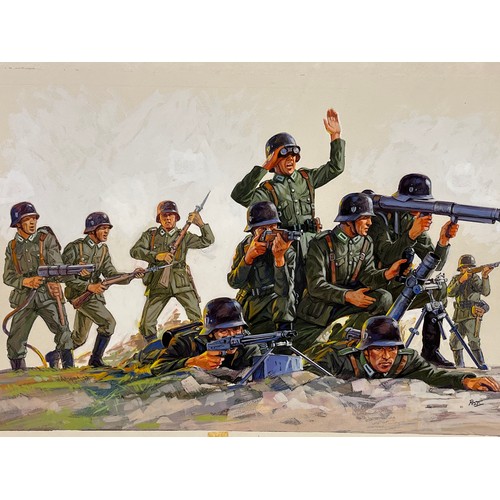 135 - Matchbox model kit original artwork, painting WWII German Infantry soldiers box cover artwork showin... 