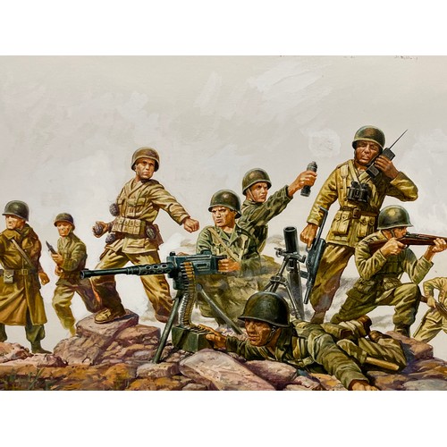 136 - Matchbox model kit original artwork, painting WWII American Infantry soldiers box cover action scene... 