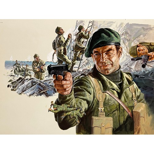 151 - Matchbox model kit original artwork, painting WWII British Commando soldiers box cover artwork showi... 