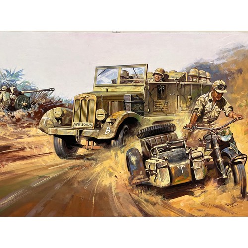 155 - Toys, Matchbox model kit original artwork, German motorcycle and Halftrack, a painting of a WWII Sd.... 