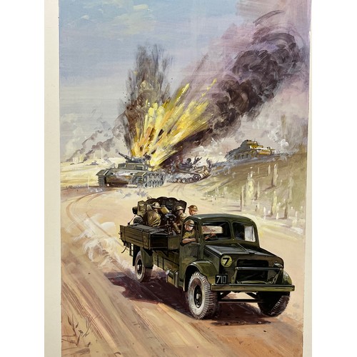 157 - WWII military scene, original painting for a book, a combat scene showing a British Army lorry with ... 