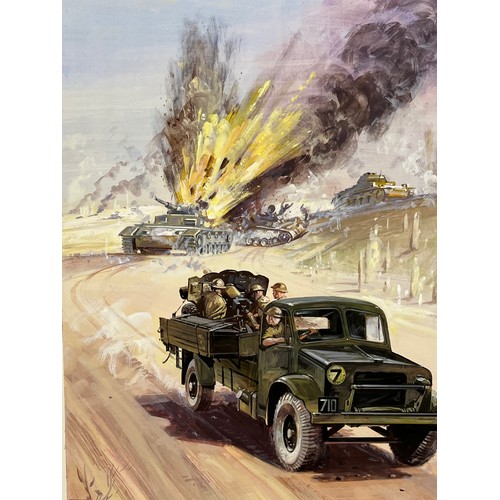 157 - WWII military scene, original painting for a book, a combat scene showing a British Army lorry with ... 