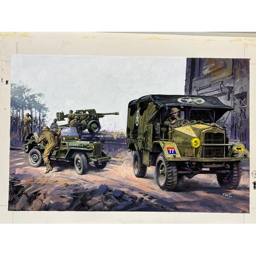 160 - original painting military, Matchbox model kit original artwork, WWII Morris C8 and a Willy’s Jeep, ... 