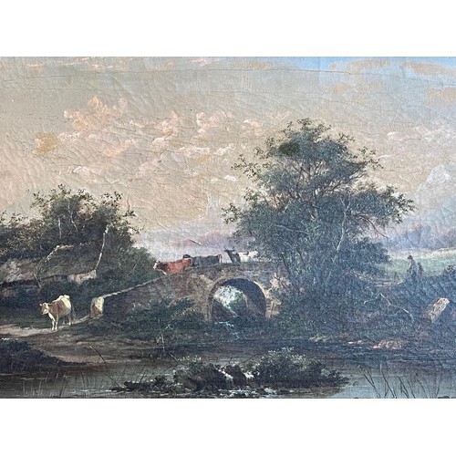 234 - Framed oil on canvas of a rural landscape with cattle, marked to the rear for Adrian van de Velde, a... 