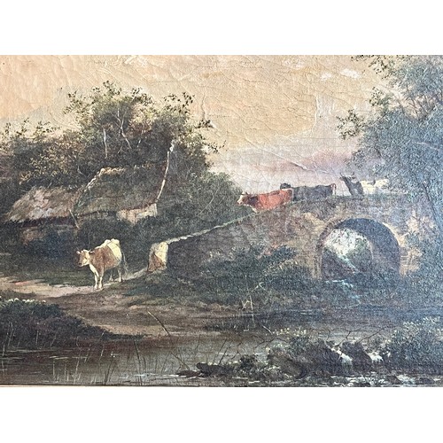 234 - Framed oil on canvas of a rural landscape with cattle, marked to the rear for Adrian van de Velde, a... 