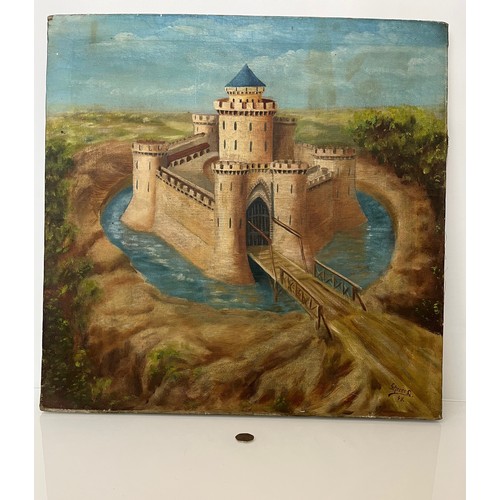 239 - A signed and dated oil on canvas of a moated castle. 65 cm x 65 cm.

This lot is available for in-ho... 