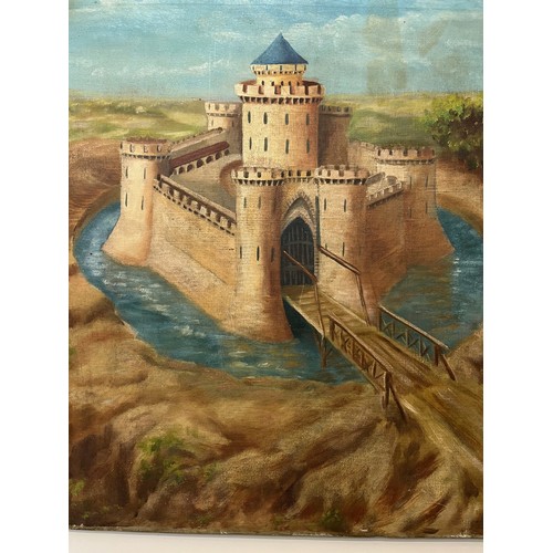 239 - A signed and dated oil on canvas of a moated castle. 65 cm x 65 cm.

This lot is available for in-ho... 