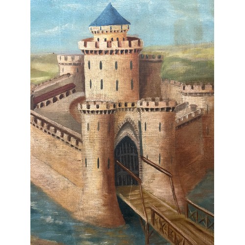 239 - A signed and dated oil on canvas of a moated castle. 65 cm x 65 cm.

This lot is available for in-ho... 