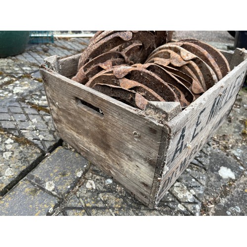 328 - Wooden crate marked for Miller of Orwell in Cambridgeshire, crate is full of Heavy Horse shoes.

Thi... 