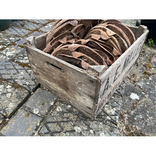 328 - Wooden crate marked for Miller of Orwell in Cambridgeshire, crate is full of Heavy Horse shoes.

Thi... 